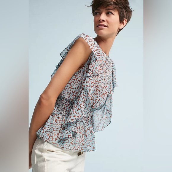 ANTHROPOLOGIE Feather Bone Allegra Top Ruffles Smocked M - Picture 3 of 9